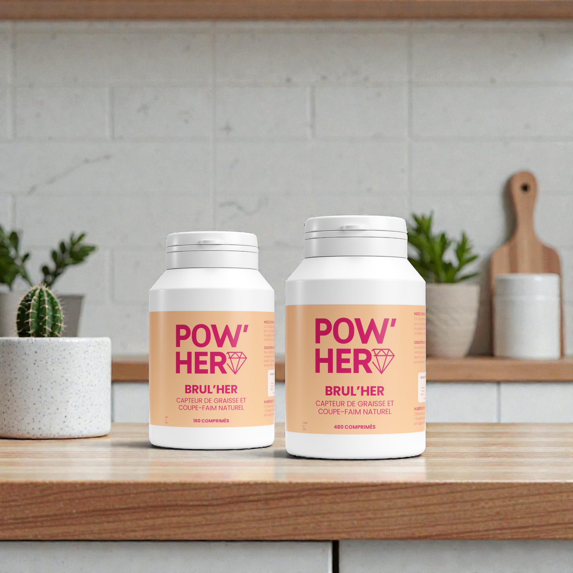 Brul'HER 160 ou 460 comprimés : capteur de graisse naturel avec chitosan, spiruline et vitamine C. Réduit l'appétit, limite l'absorption des graisses. 