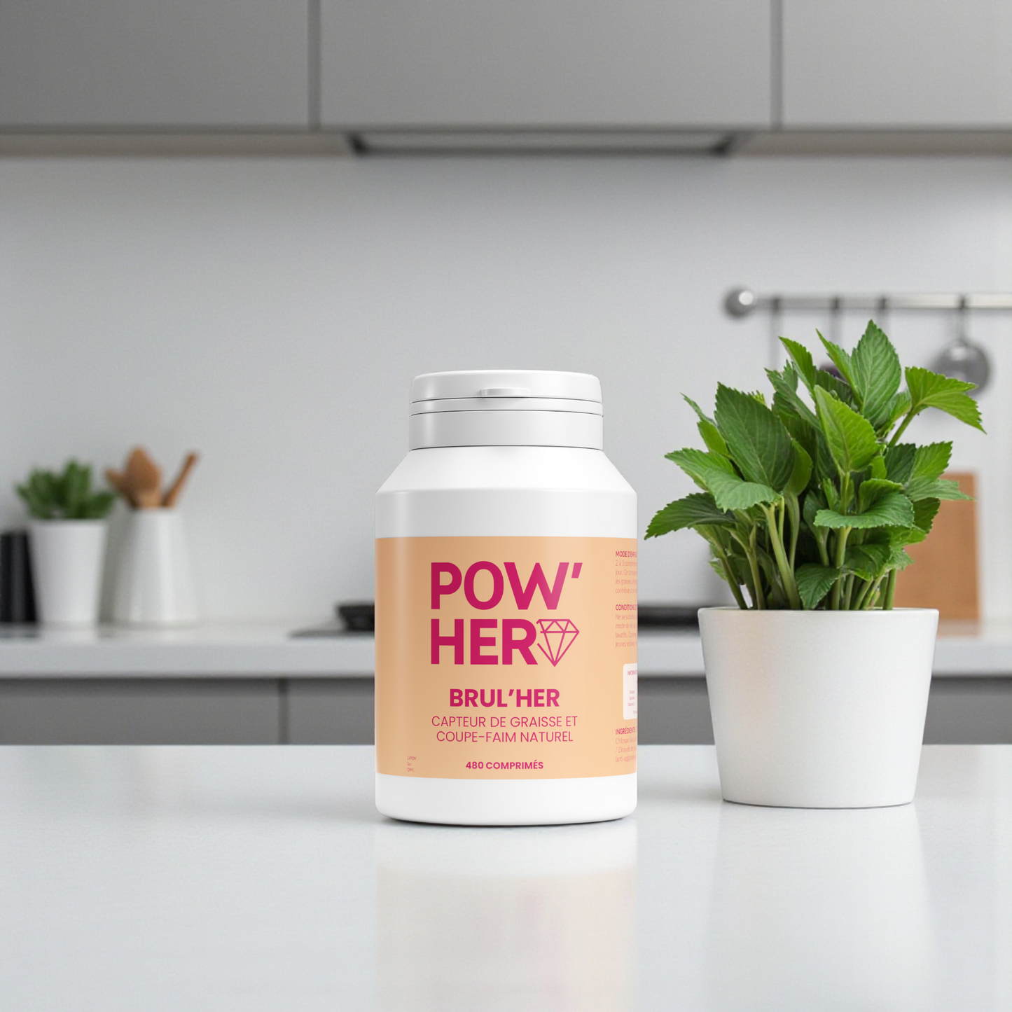 Brul'HER 480 comprimés : capteur de graisse naturel avec chitosan, spiruline et vitamine C. Réduit l'appétit, limite l'absorption des graisses. 