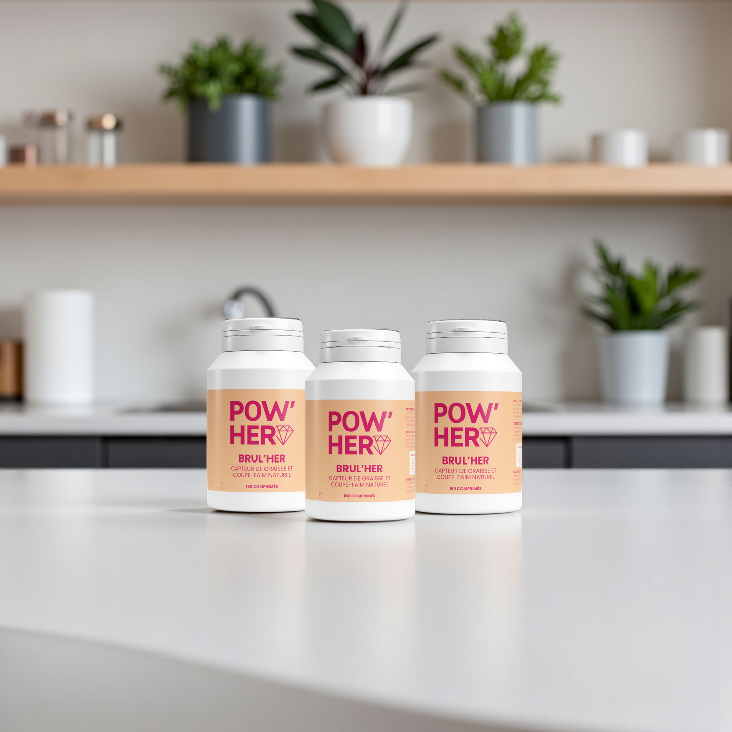 Brul'HER lot de 3 pots de 160 comprimés : capteur de graisse naturel avec chitosan, spiruline et vitamine C. Réduit l'appétit, limite l'absorption des graisses. 