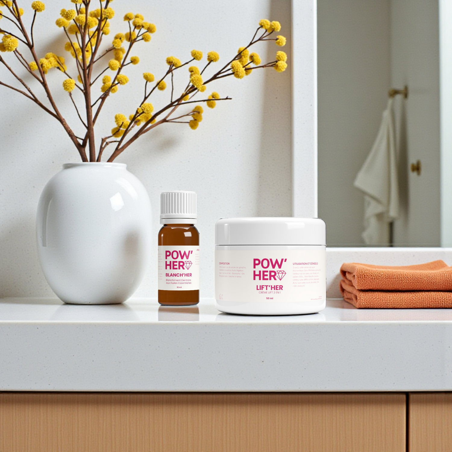 Découvre le Pack GLOW POW’HER : une routine 100% naturelle avec effet botox naturel et soin blancheur. Lifte ta peau et illumine ton sourire dès 3 semaines !