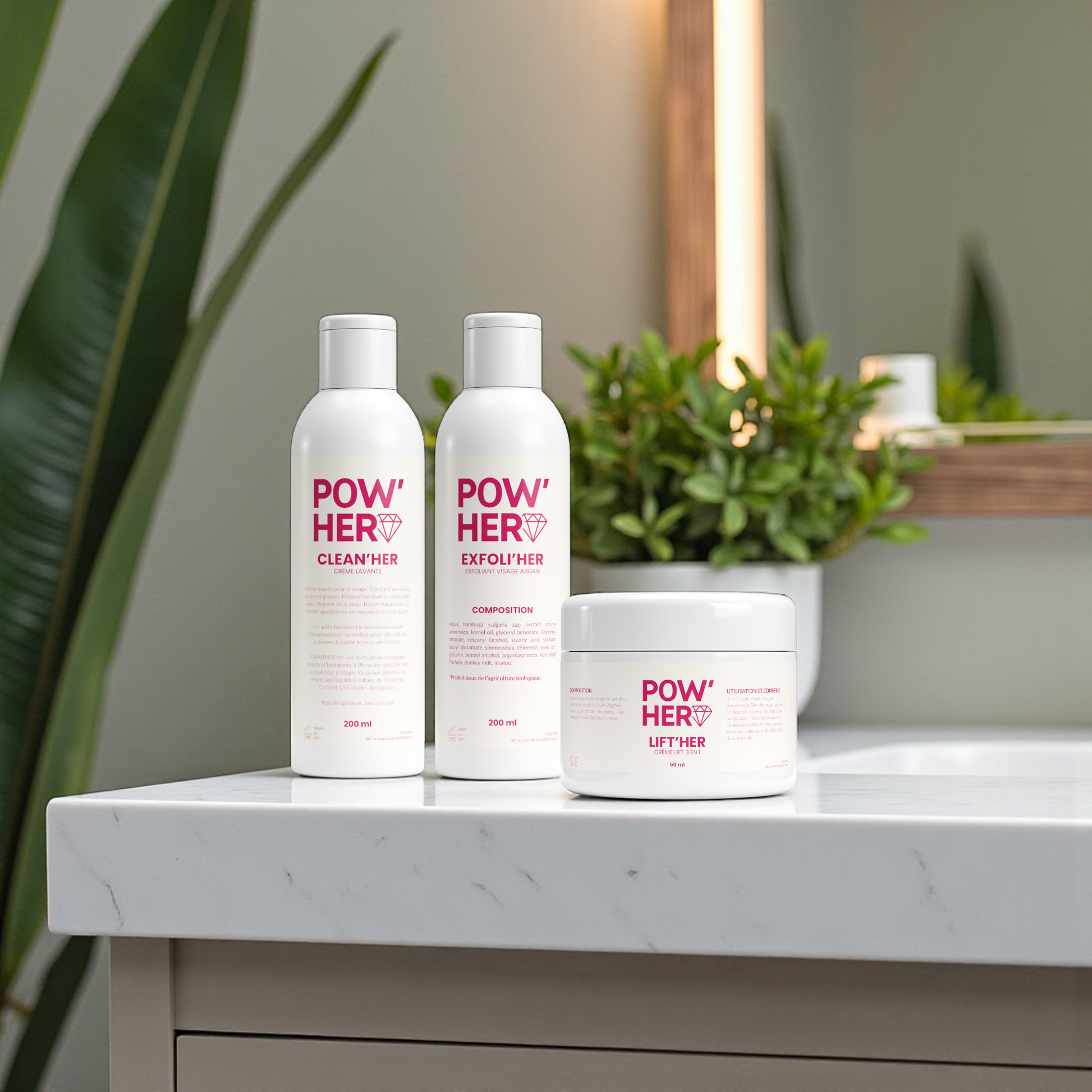 Pack Skincare POW'HER : routine beauté complète Clean'HER + Exfoli'HER + Lift'HER. Peau éclatante et liftée, formules naturelles douces. 