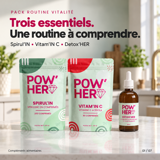 Routine Vitalité : Spirul’IN 200 comprimés, Vitam’IN C et Detox’HER.